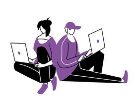 young couple using laptop computers vector