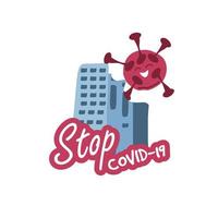 stop covid 19, red virus floating over city skyline vector