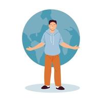 man cartoon in front of world sphere vector design