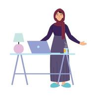 Dibujos animados de mujer musulmana con laptop en diseño vectorial de escritorio vector