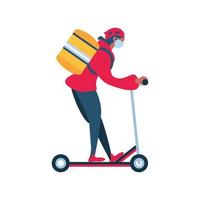 delivery girl with a protective mask on a scooter delivery vector