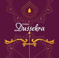 gold bow with arrow in front of mandalas ornaments of happy dussehra vector design