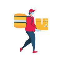 delivery man with face mask carries cardboard box vector