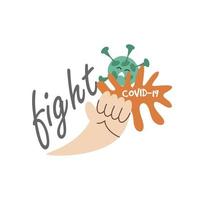 fight covid 19 lettering with fist punching coronavirus vector