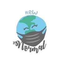 new normal lettering with happy Earth wearing a medical mask vector