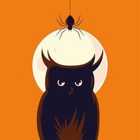 Dibujos animados de búho de Halloween con araña frente a diseño de vector de luna