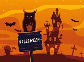 Halloween owl cartoon on wood banner in front of castle vector design