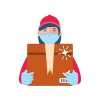 delivery girl with a protective mask carries delivery package vector