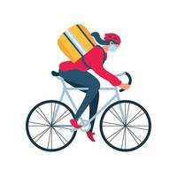 delivery girl with a protective mask on a bicycle delivery vector