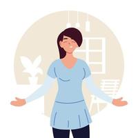 black haired woman cartoon in front of room vector design