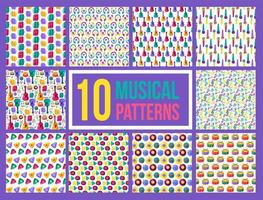 Cartoon bright musical instruments seamless pattern set vector