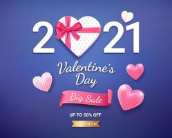 Gift box with red ribbon and 3d heart. Valentines day card background. vector