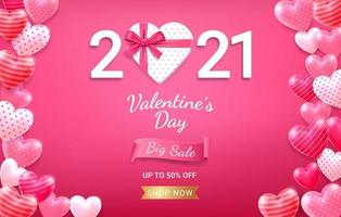 Gift box with red ribbon and 3d heart. Valentines day card background. vector