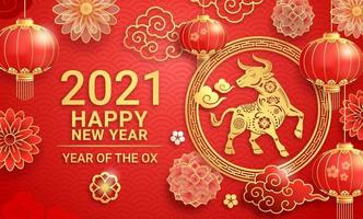 Fondo de tarjeta de felicitación de año nuevo chino 2021 el año del buey. ilustraciones vectoriales. vector