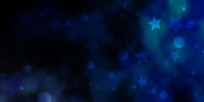 Dark BLUE vector background with circles, stars.