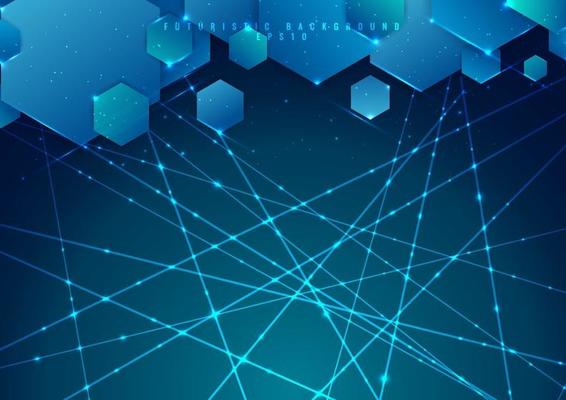 Abstract blue background geometric hexagon overlapping with laser line and sparkle lighting