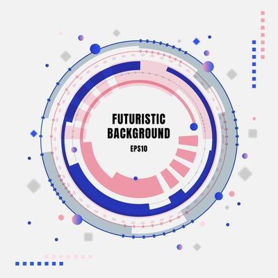 Abstract technology futuristic blue and pink gear circles with geometric elements on white background.