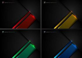 Set of abstract template black and blue, red, green and yellow geometric overlapping with shadow and lighting effect on dark background technology style vector