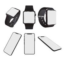 Bundle of smartwatches and smartphones devices mock-ups vector