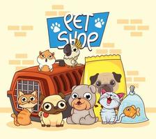 group of animals with pet shop items vector