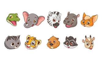 cute ten baby animals cartoon head characters vector