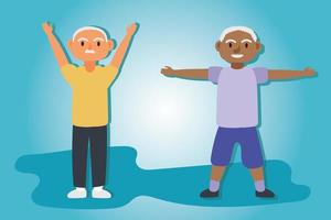 interracial old men couple exercising, active seniors characters vector