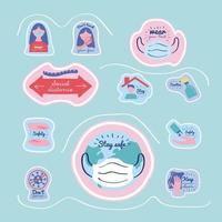 bundle of new normality campaign with letterings and icons vector