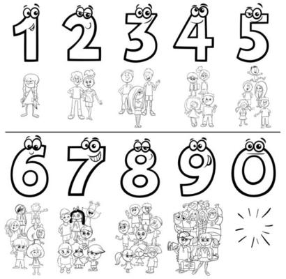 cartoon numbers set coloring book page with kids