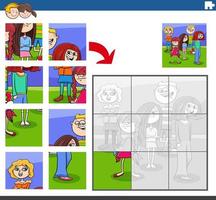 jigsaw puzzle task with children characters group vector