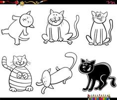 funny cat characters set coloring book page vector