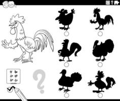 shadows game with rooster character coloring book page vector