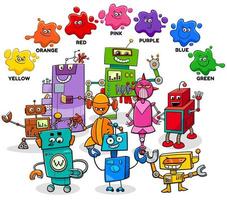 colores básicos con grupo de personajes robot de dibujos animados vector