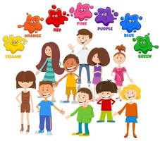 colores básicos con grupo de personajes infantiles. vector