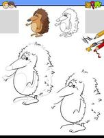 drawing and coloring worksheet with hedgehog animal vector