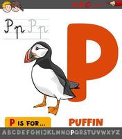 letter P worksheet with cartoon puffin bird vector