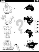 match animals and continents color book page vector
