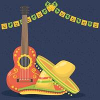 viva mexico celebration with guitar and hat vector