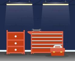 mechanical workshop with tools and drawers scene vector