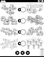 Tarea mayor, menor o igual con la página del libro de colores de vehículos vector