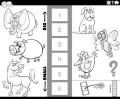 find biggest and smallest animal task coloring book page vector