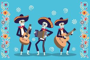 dia de los muertos card with mariachis skulls playing instruments vector