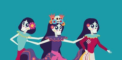 tarjeta dia de los muertos con personajes de calaveras de catrina vector