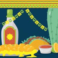 viva mexico celebration with taco and tequila bottle vector