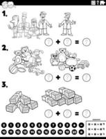 Tarea educativa de adición de matemáticas con personajes de cómic. vector