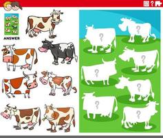 matching shapes game with cartoon cows characters vector