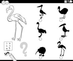 shadows game with flamingo character coloring book page. vector