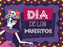 dia de los muertos card with catrina character vector