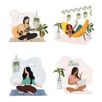 interracial group of four young women doing activities vector