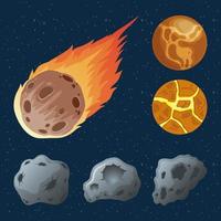 asteroids with planets and meteorite on fire icons vector