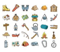 bundle of thirty camping line and fill icons vector